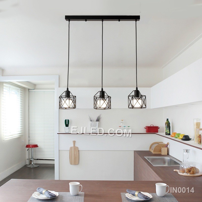This three-light cluster pendant, model IN0014, features individual open bell-shaped iron cages with a black finish. It provides comprehensive illumination over larger areas from a single ceiling point. - view 5