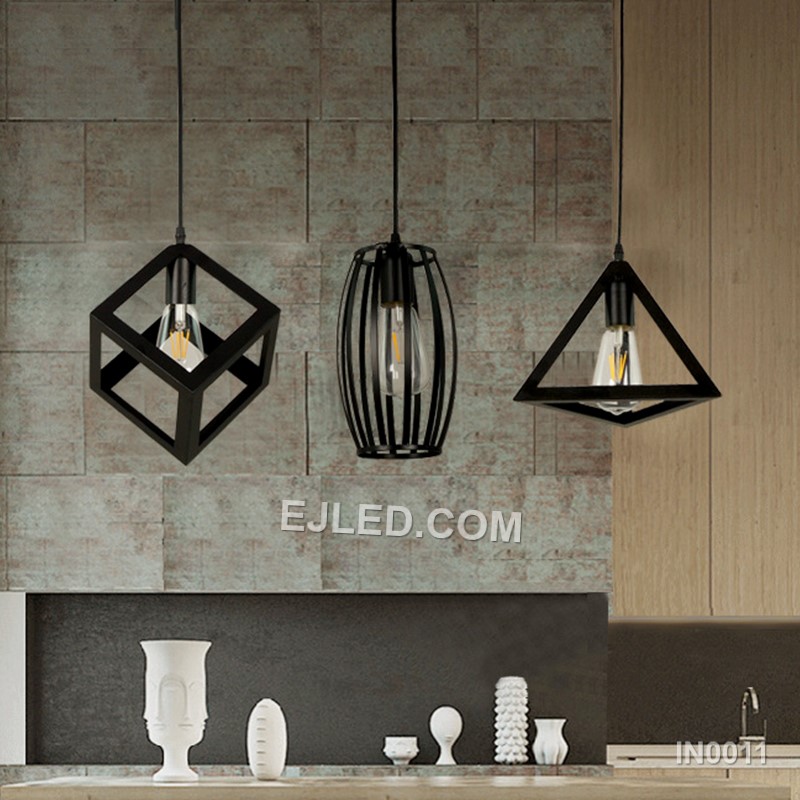 A distinctive pyramid-shaped pendant, the IN0011 features an open cage design with thin black plastic rods. It provides broad light dispersion from a single exposed lamp, suitable for modern or industrial interiors. - view 4