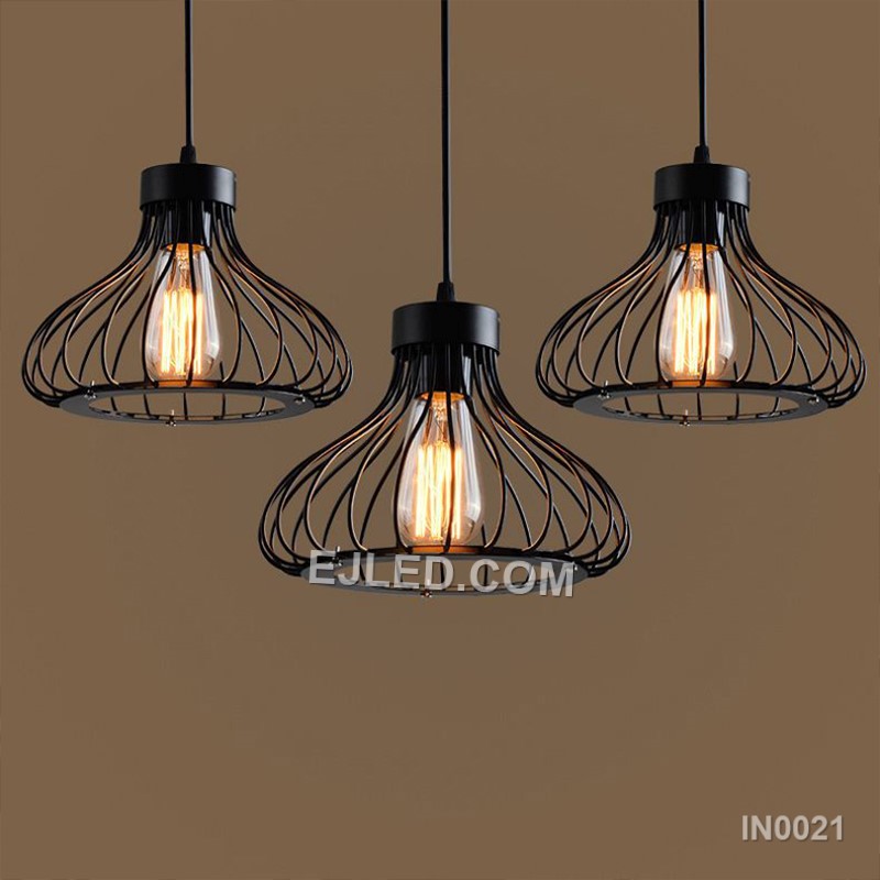 The IN0021 pendant light’s open, petal-like iron cage design allows for broad, unimpeded light distribution. Its black finish frames a single lamp, making it ideal for showcasing decorative bulbs while providing generous ambient light. - view 4