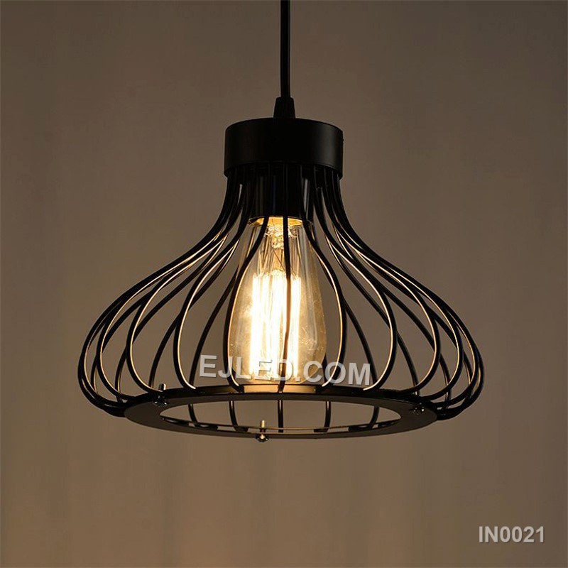The IN0021 pendant light’s open, petal-like iron cage design allows for broad, unimpeded light distribution. Its black finish frames a single lamp, making it ideal for showcasing decorative bulbs while providing generous ambient light. - view 6