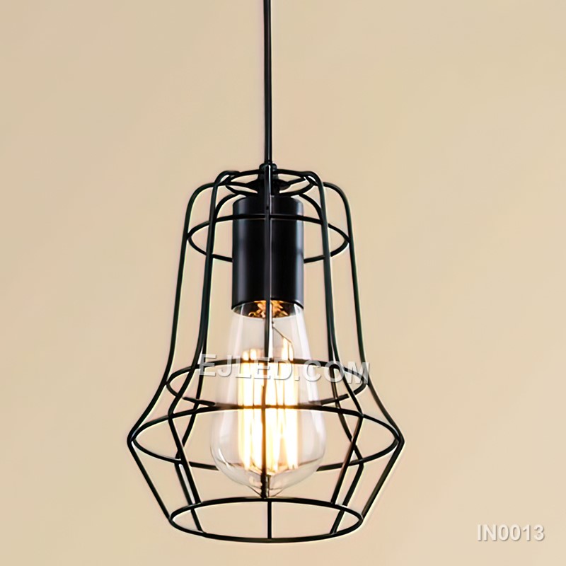 The IN0013 pendant light is an iron bell-shaped cage with a matte black finish. Its open design showcases a single exposed lamp, offering versatile illumination for various hospitality spaces. - view 2