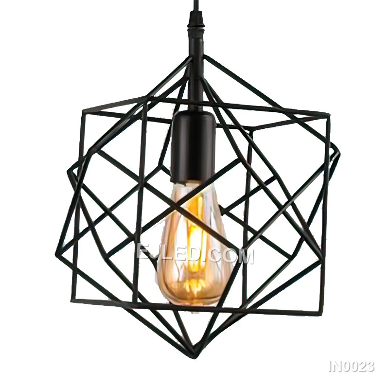 Model IN0023 is a cluster pendant light featuring three open, cylindrical iron cages. Each black cage, of varying lengths, encloses a single lamp holder, all suspended from a shared round ceiling canopy, creating a layered visual effect.