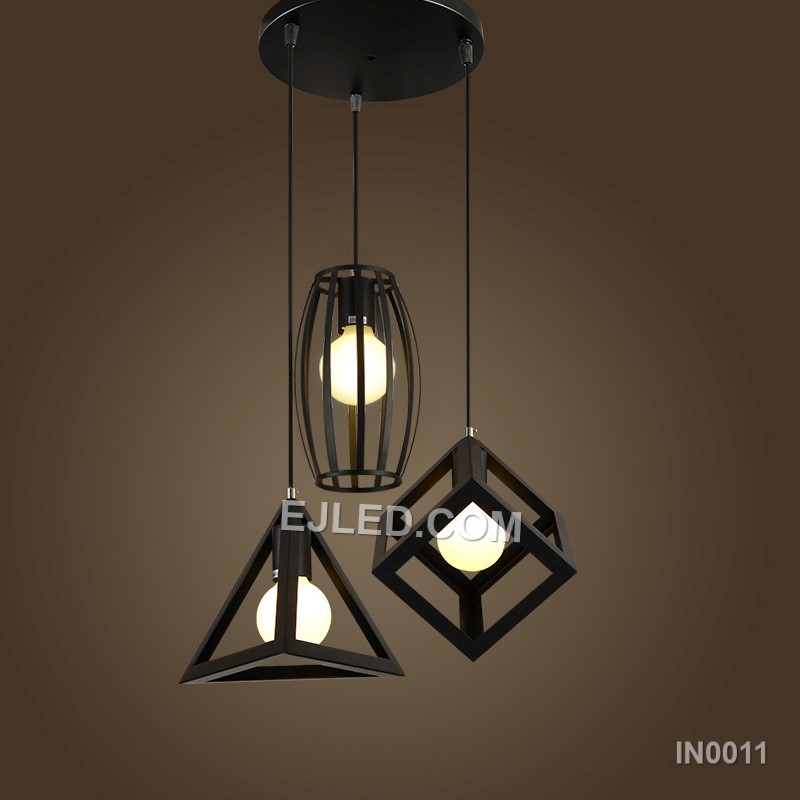 A distinctive pyramid-shaped pendant, the IN0011 features an open cage design with thin black plastic rods. It provides broad light dispersion from a single exposed lamp, suitable for modern or industrial interiors. - view 3
