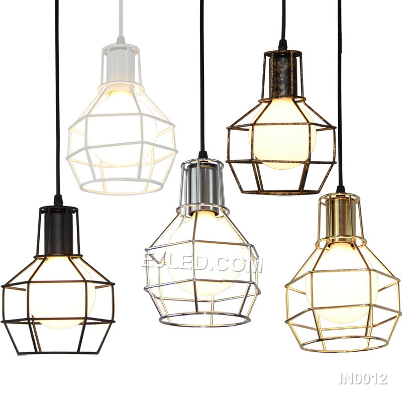The IN0012 pendant light features a round open cage crafted from iron, finished in black. This industrial-style fixture allows full light output from its single bulb, suitable for various interior settings. - view 4