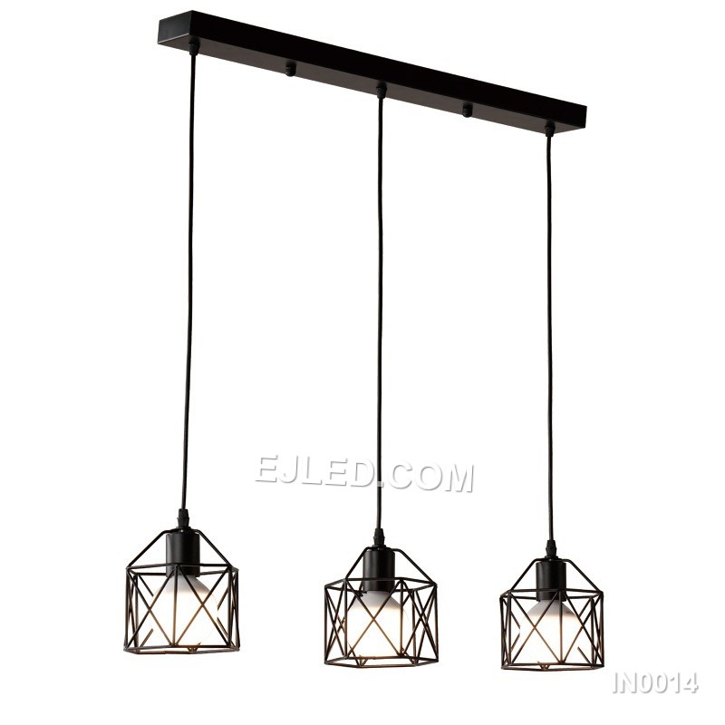 This three-light cluster pendant, model IN0014, features individual open bell-shaped iron cages with a black finish. It provides comprehensive illumination over larger areas from a single ceiling point. - view 4