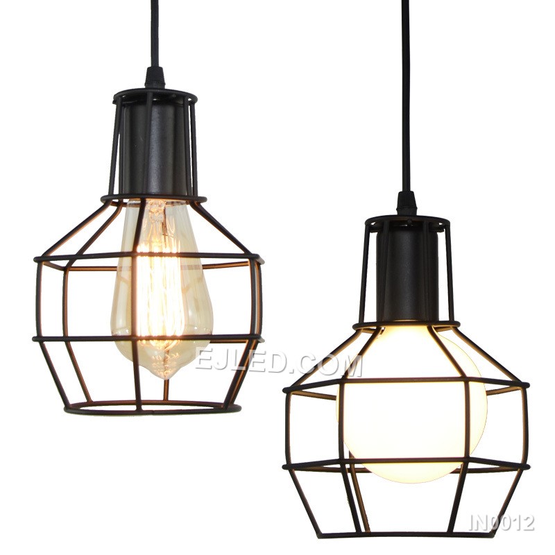 The IN0012 pendant light features a round open cage crafted from iron, finished in black. This industrial-style fixture allows full light output from its single bulb, suitable for various interior settings.