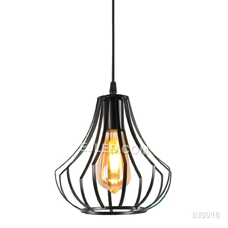 Iron construction forms the IN0018, a unique bell-shaped pendant. Its matte black finish enhances the petal-like strips that create an open cage, ideal for showcasing a single decorative lamp.
