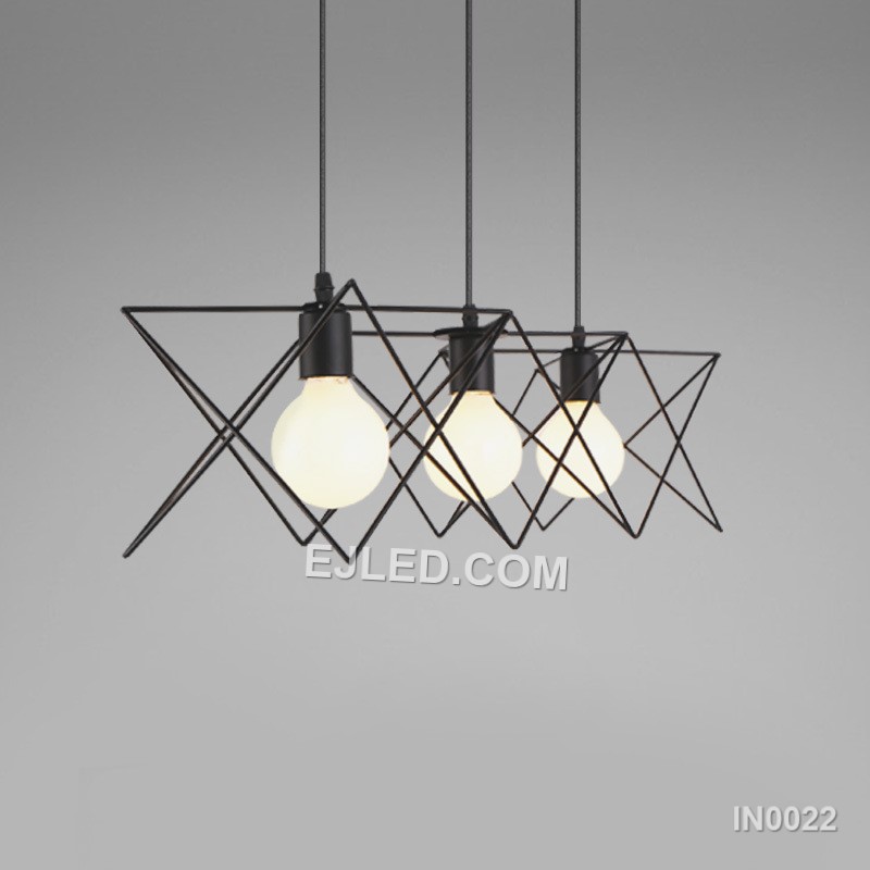 Model IN0022 is an iron pendant light distinguished by its unique triangular prism cage, finished in matte black. This geometric design provides direct, open illumination, suitable for adding a modern industrial accent to various commercial or residential spaces. - view 6