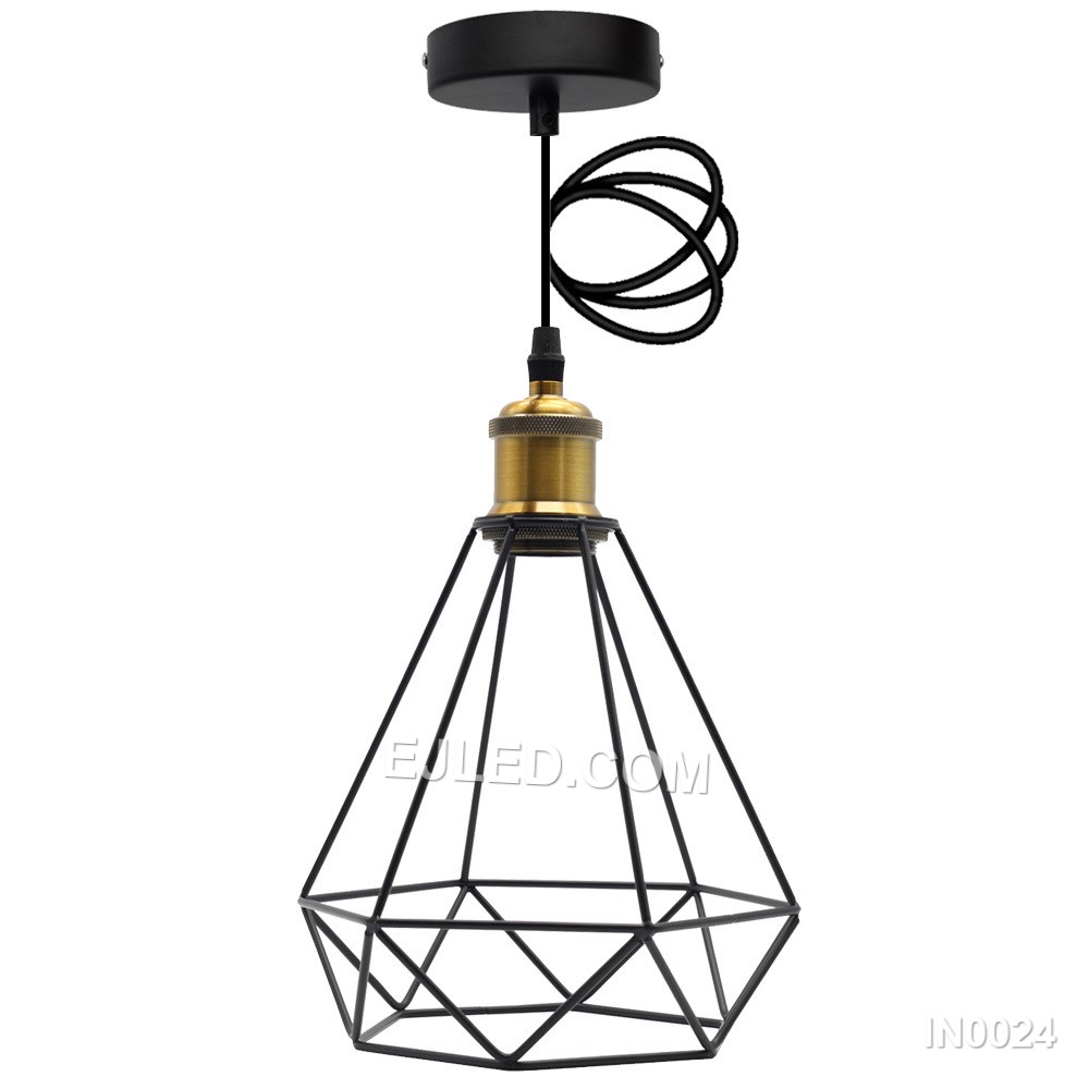 A single black iron pendant light, model IN0024, features an open diamond-shaped cage. Its geometric lines create a distinct silhouette, allowing light to spread freely from the enclosed lamp holder, suspended by a black cable.