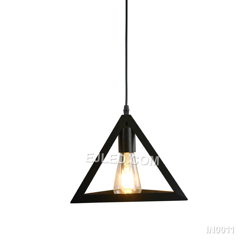 A distinctive pyramid-shaped pendant, the IN0011 features an open cage design with thin black plastic rods. It provides broad light dispersion from a single exposed lamp, suitable for modern or industrial interiors.