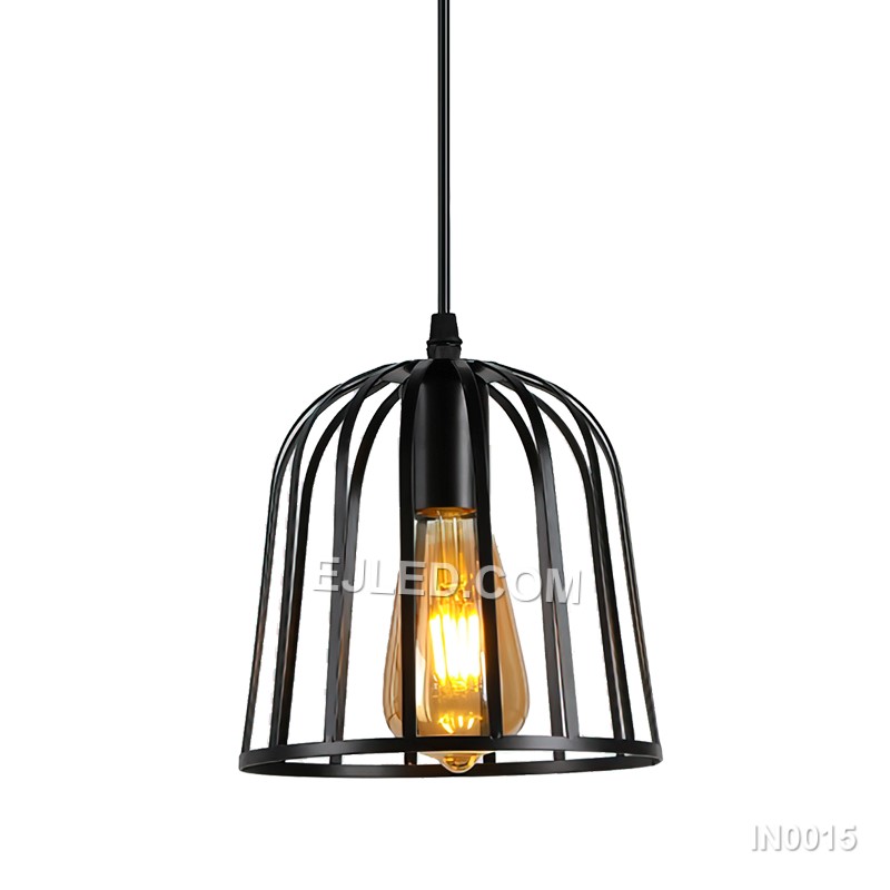 Iron construction defines this IN0015 bell-shaped pendant, finished in matte black with a reflective interior. Its focused downlight makes it ideal for task lighting over counters or smaller dining tables, complementing various ceiling heights.