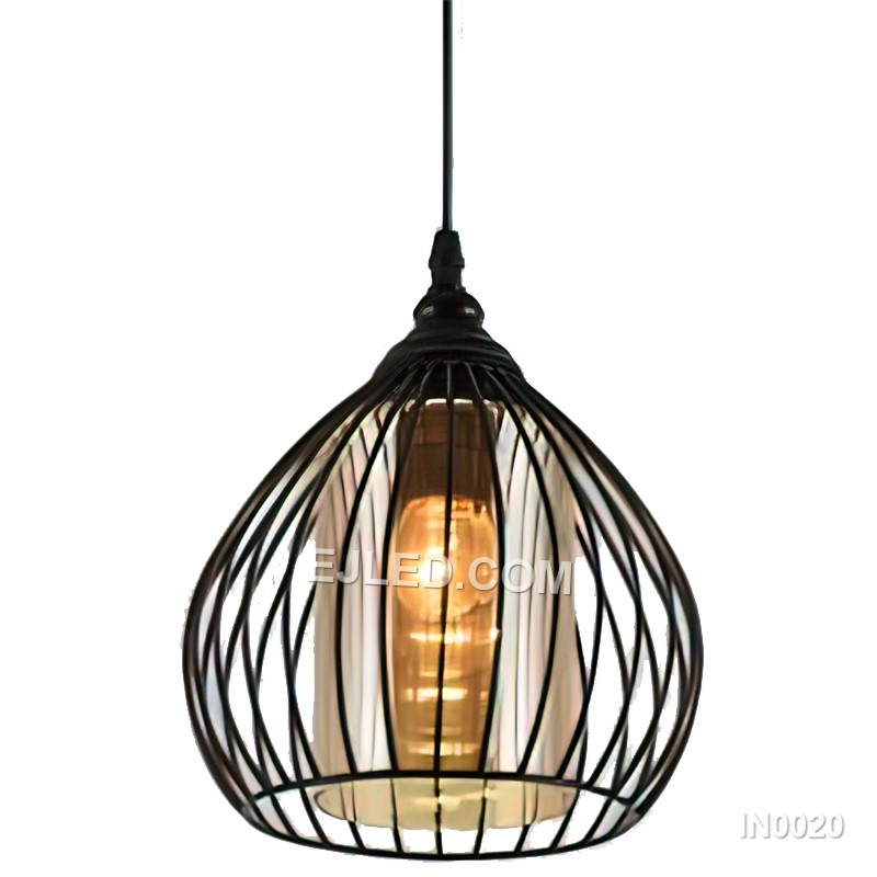 This black powder-coated iron pendant light combines an open petal-patterned cage with an internal clear glass cover. This construction protects the bulb while softening its output, ideal for ambient or decorative lighting.