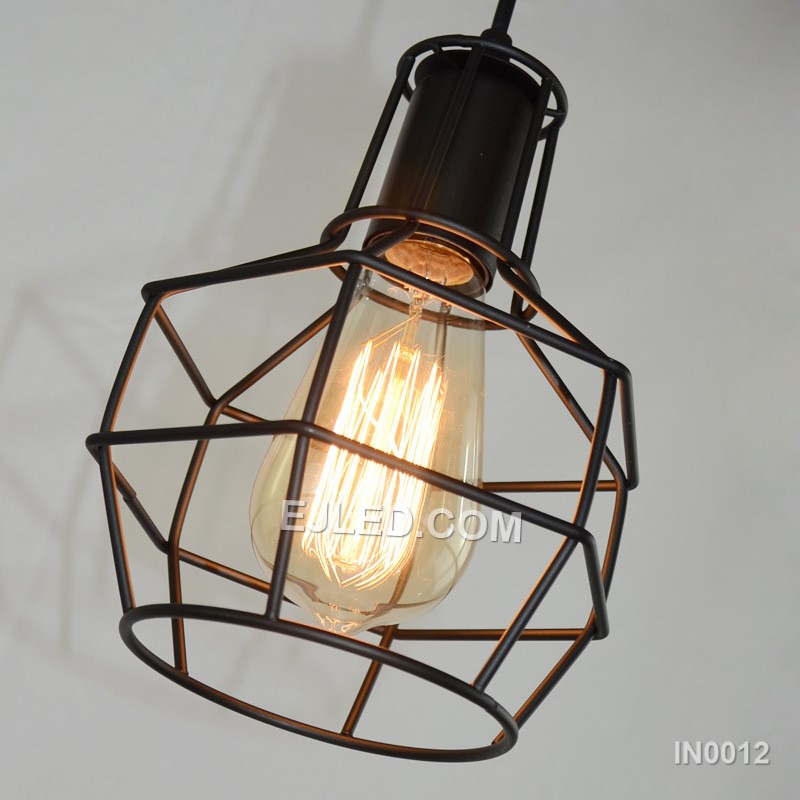 The IN0012 pendant light features a round open cage crafted from iron, finished in black. This industrial-style fixture allows full light output from its single bulb, suitable for various interior settings. - view 2
