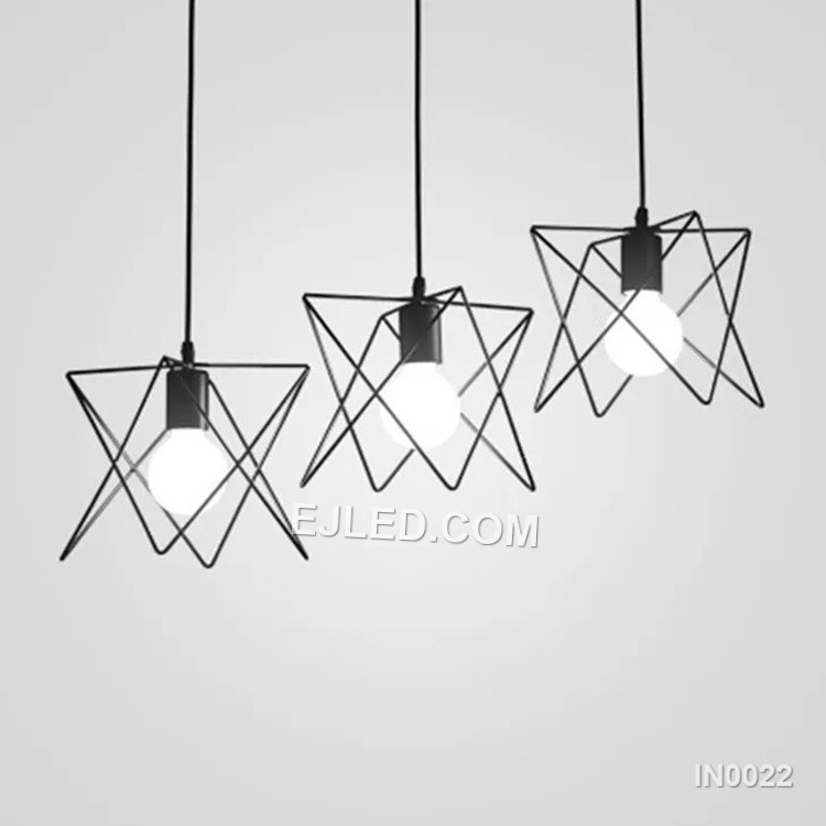 Model IN0022 is an iron pendant light distinguished by its unique triangular prism cage, finished in matte black. This geometric design provides direct, open illumination, suitable for adding a modern industrial accent to various commercial or residential spaces. - view 3
