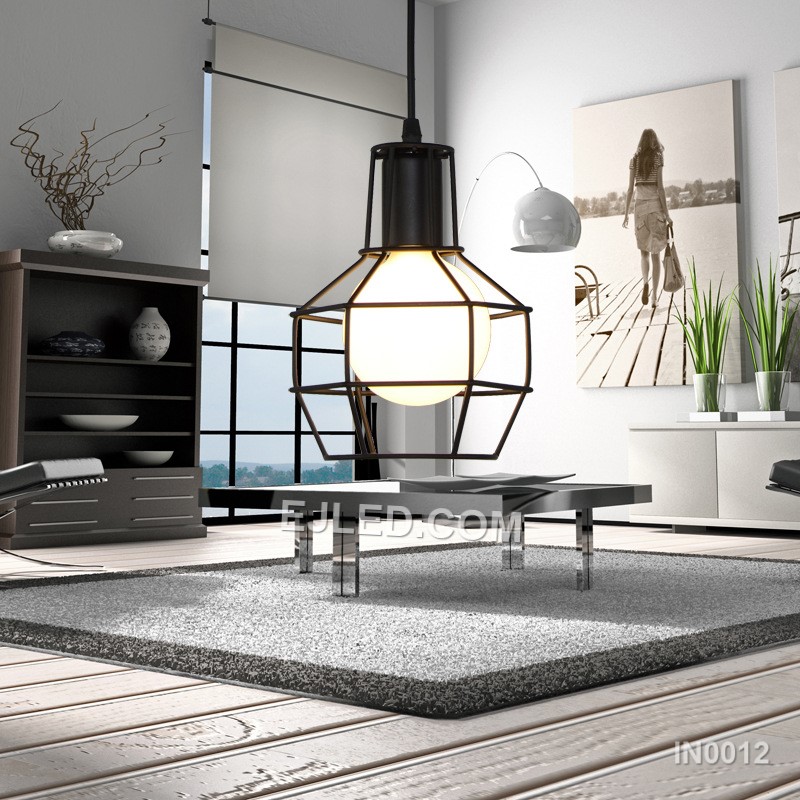 The IN0012 pendant light features a round open cage crafted from iron, finished in black. This industrial-style fixture allows full light output from its single bulb, suitable for various interior settings. - view 6