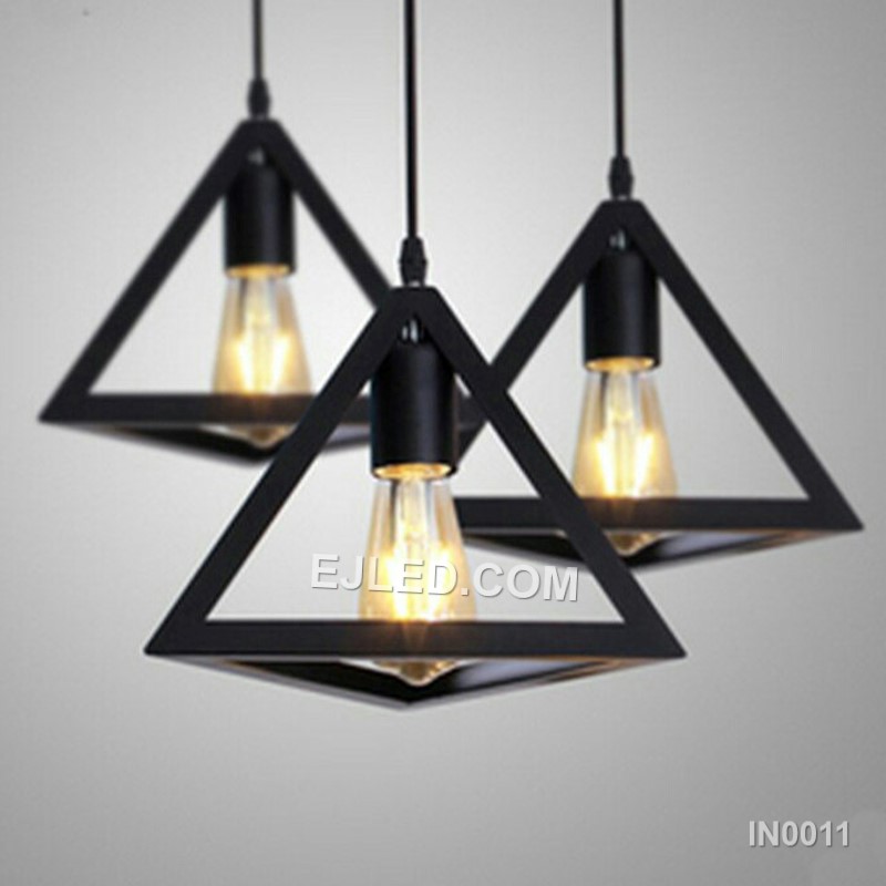 A distinctive pyramid-shaped pendant, the IN0011 features an open cage design with thin black plastic rods. It provides broad light dispersion from a single exposed lamp, suitable for modern or industrial interiors. - view 2