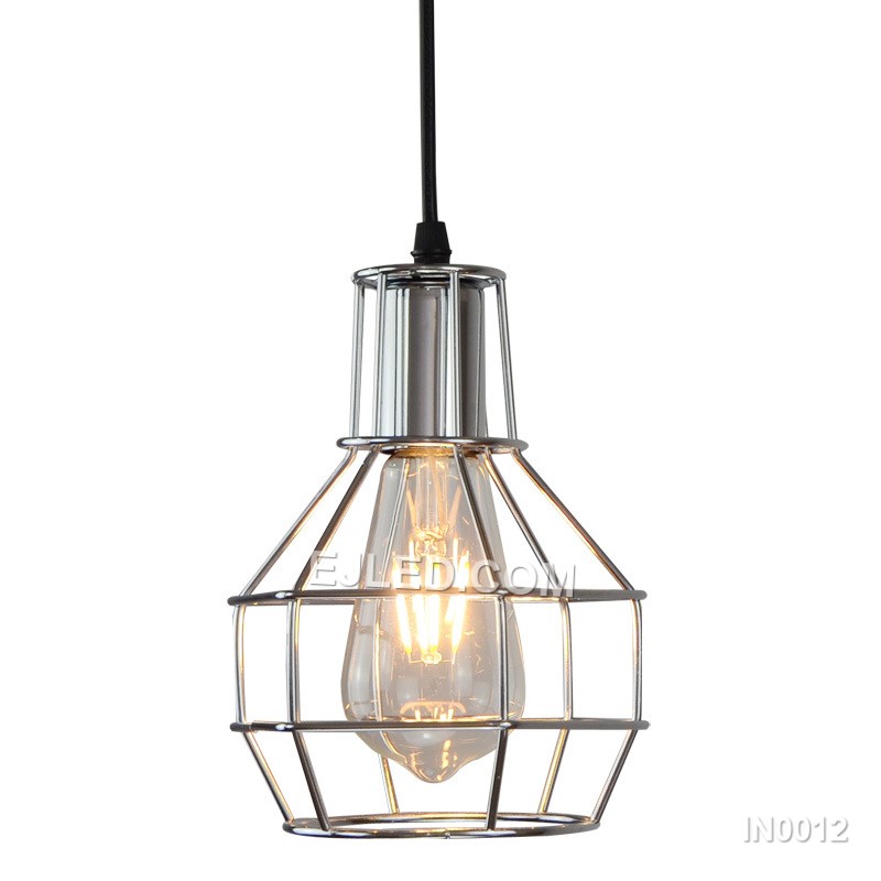 The IN0012 pendant light features a round open cage crafted from iron, finished in black. This industrial-style fixture allows full light output from its single bulb, suitable for various interior settings. - view 7