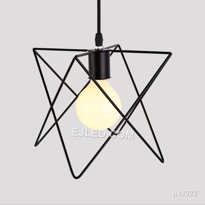 Model IN0022 is an iron pendant light distinguished by its unique triangular prism cage, finished in matte black. This geometric design provides direct, open illumination, suitable for adding a modern industrial accent to various commercial or residential spaces. - view 2