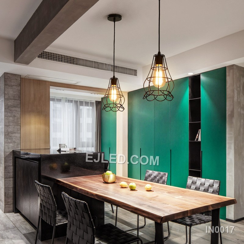 Vintage Retro Black Hanging Cage Pendant Light Fixture with E27 Base Iron Lampshade for Kitchen Island Bar Bedroom IN0017