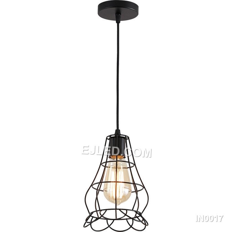 The black powder-coated finish on this iron pendant light highlights its open bell-shaped cage. Multiple thin, vertical strips create an airy structure, allowing a single bulb to cast direct, unobstructed light.