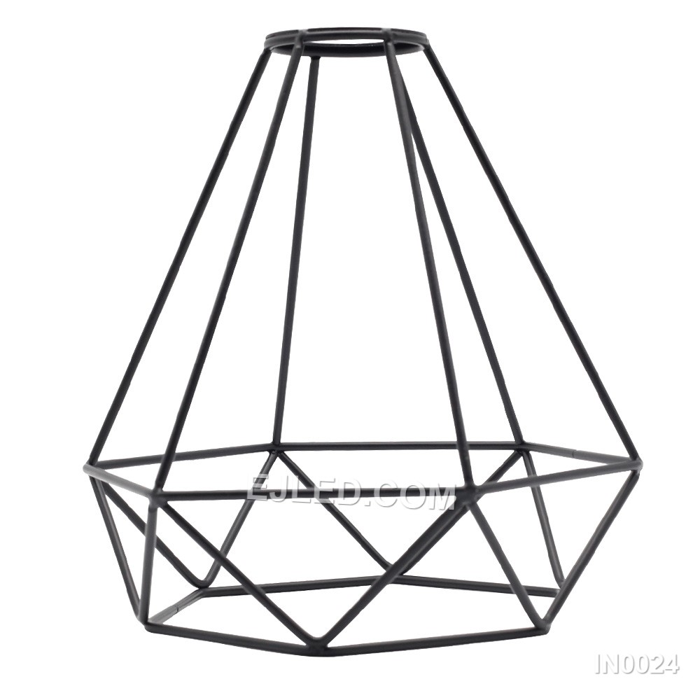 A single black iron pendant light, model IN0024, features an open diamond-shaped cage. Its geometric lines create a distinct silhouette, allowing light to spread freely from the enclosed lamp holder, suspended by a black cable. - view 3