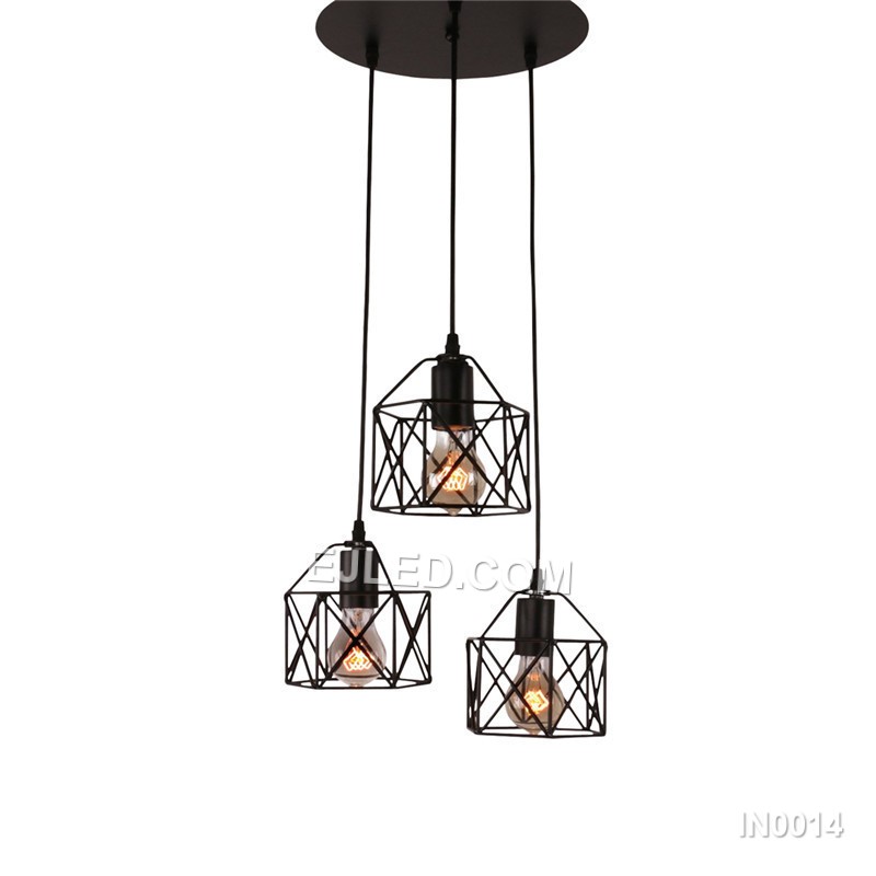 This three-light cluster pendant, model IN0014, features individual open bell-shaped iron cages with a black finish. It provides comprehensive illumination over larger areas from a single ceiling point. - view 2