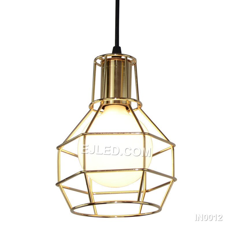 The IN0012 pendant light features a round open cage crafted from iron, finished in black. This industrial-style fixture allows full light output from its single bulb, suitable for various interior settings. - view 3