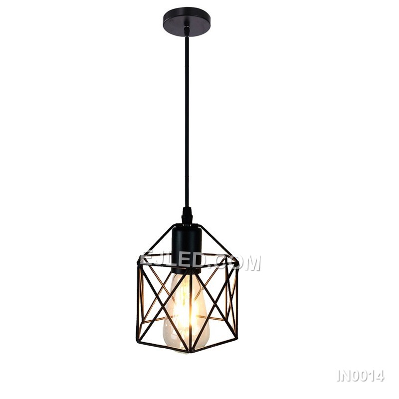 This three-light cluster pendant, model IN0014, features individual open bell-shaped iron cages with a black finish. It provides comprehensive illumination over larger areas from a single ceiling point.