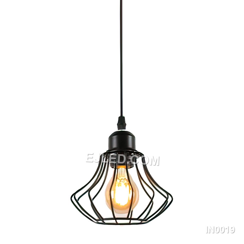A traditional bell-shaped cage defines this black iron pendant light, providing an open design for broad illumination. Its simple form makes it a versatile choice for kitchen islands, dining areas, or cafe settings.