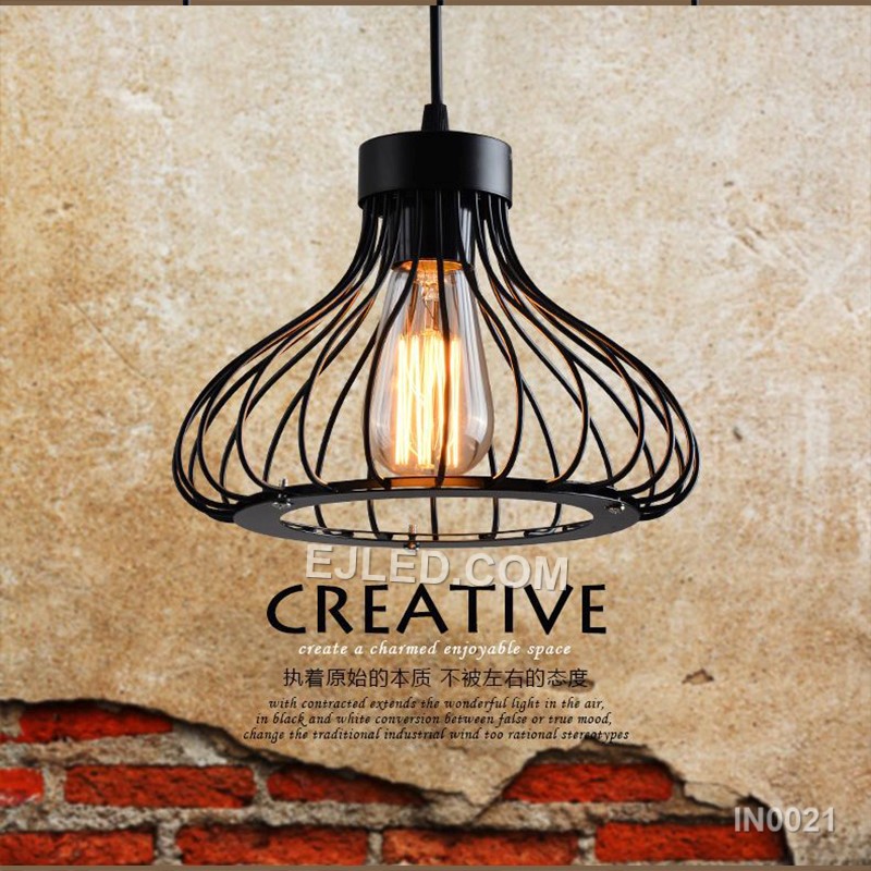 The IN0021 pendant light’s open, petal-like iron cage design allows for broad, unimpeded light distribution. Its black finish frames a single lamp, making it ideal for showcasing decorative bulbs while providing generous ambient light. - view 5