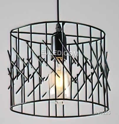 Iron construction defines the IN0025 pendant light, featuring a drum-shaped cage with widely spaced black horizontal bars. This open design provides an unobstructed view of the single lamp holder, allowing light to emit freely in all directions.