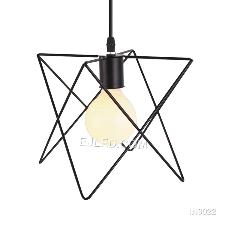 Model IN0022 is an iron pendant light distinguished by its unique triangular prism cage, finished in matte black. This geometric design provides direct, open illumination, suitable for adding a modern industrial accent to various commercial or residential spaces.