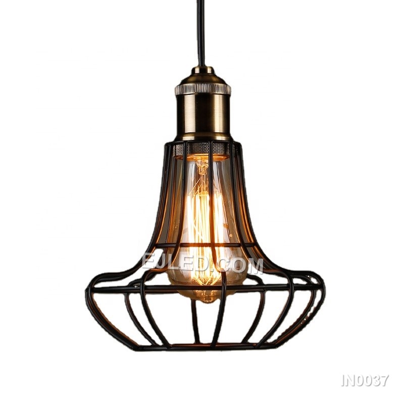 The IN0037 pendant light presents a bell-shaped steel wire cage, finished in an antique brass tone. Its open design allows for ample light distribution, making it suitable for spaces that benefit from decorative, unshaded illumination.