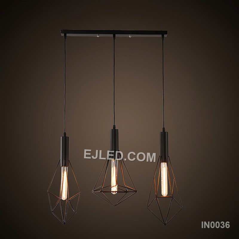Black Gold Pendant Light with Metal Cage Lampshade Iron Lighting 3-Light E26 Base for Kitchen Island Bedroom Hotel IN0036