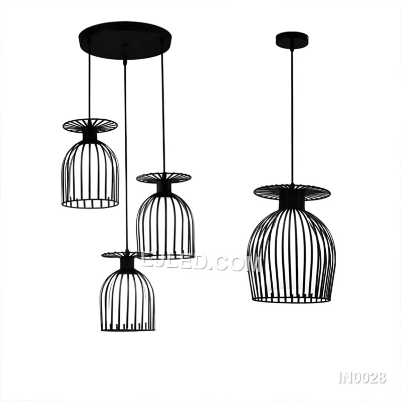 Model IN0028 is a black iron bell-shaped pendant light, notable for its wide, open cage design. The expansive form, crafted from thin iron bars, allows significant light output from a single lamp, suitable for areas needing broad illumination. - view 2