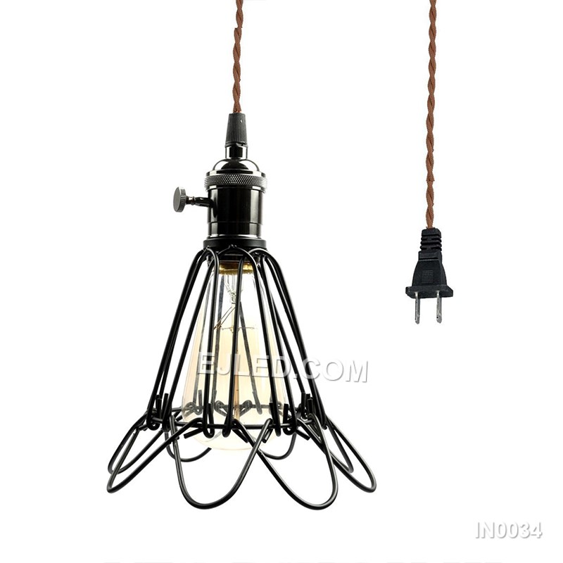Iron forms the flared cylindrical cage of this pendant light, finished in a durable black powder coat. Its open structure and single exposed lamp are designed for direct, unobstructed illumination. - view 7