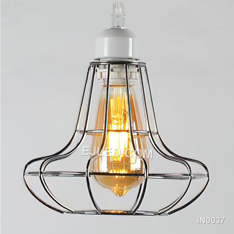 The IN0037 pendant light presents a bell-shaped steel wire cage, finished in an antique brass tone. Its open design allows for ample light distribution, making it suitable for spaces that benefit from decorative, unshaded illumination. - view 2