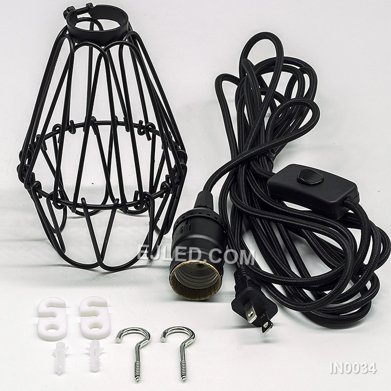 Iron forms the flared cylindrical cage of this pendant light, finished in a durable black powder coat. Its open structure and single exposed lamp are designed for direct, unobstructed illumination. - view 5