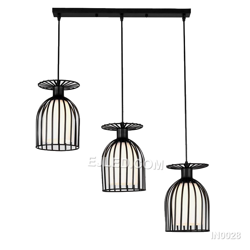 Model IN0028 is a black iron bell-shaped pendant light, notable for its wide, open cage design. The expansive form, crafted from thin iron bars, allows significant light output from a single lamp, suitable for areas needing broad illumination. - view 4