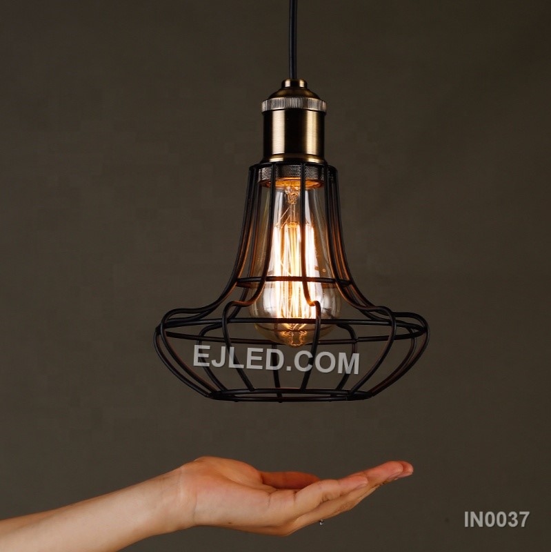 The IN0037 pendant light presents a bell-shaped steel wire cage, finished in an antique brass tone. Its open design allows for ample light distribution, making it suitable for spaces that benefit from decorative, unshaded illumination. - view 4
