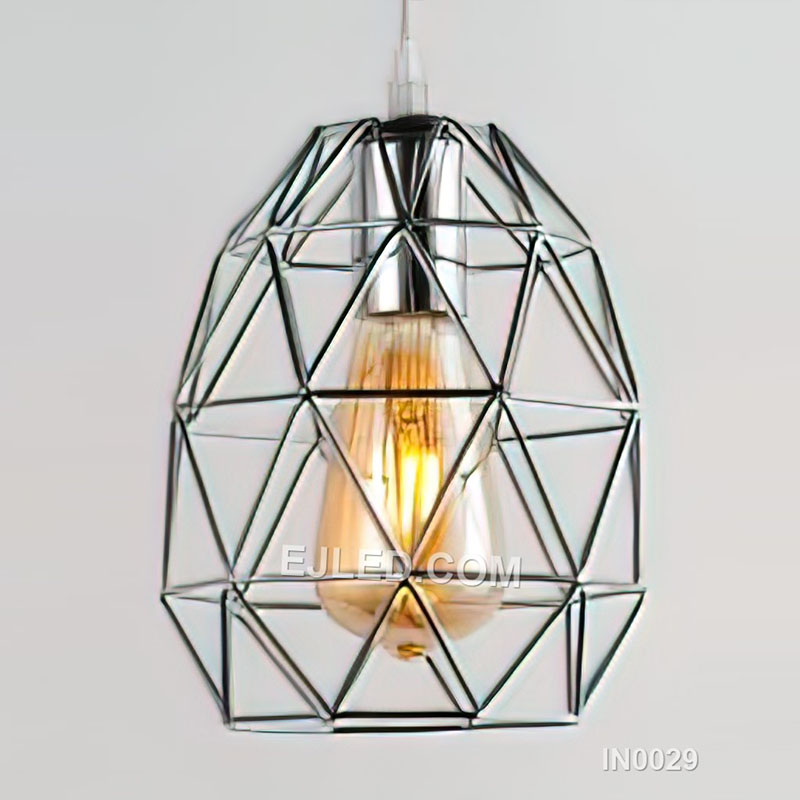 A distinctive "onion" or cluster cage shape defines the IN0029 pendant light, crafted from black powder-coated steel. Its intricate, open-bar design allows light to project widely from the single lamp, creating a visually compelling fixture.