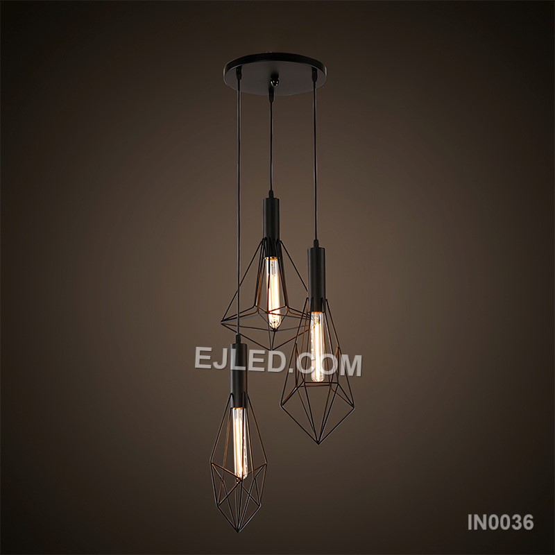Black Gold Pendant Light with Metal Cage Lampshade Iron Lighting 3-Light E26 Base for Kitchen Island Bedroom Hotel IN0036