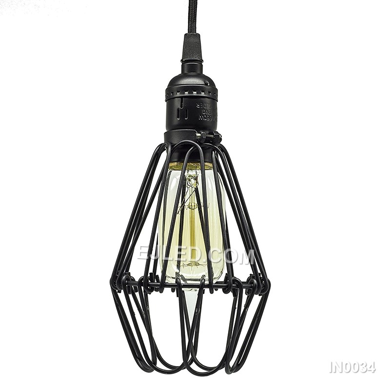 Iron forms the flared cylindrical cage of this pendant light, finished in a durable black powder coat. Its open structure and single exposed lamp are designed for direct, unobstructed illumination. - view 3
