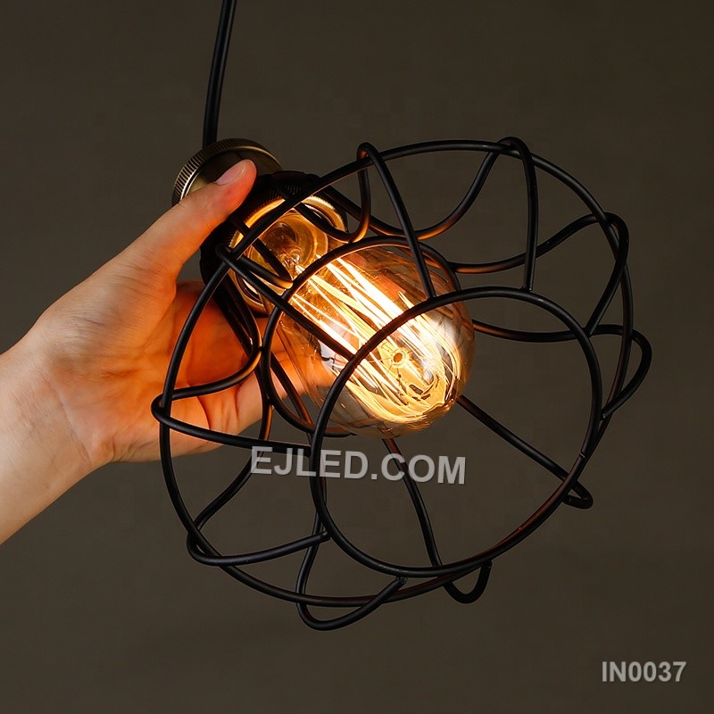 The IN0037 pendant light presents a bell-shaped steel wire cage, finished in an antique brass tone. Its open design allows for ample light distribution, making it suitable for spaces that benefit from decorative, unshaded illumination. - view 3