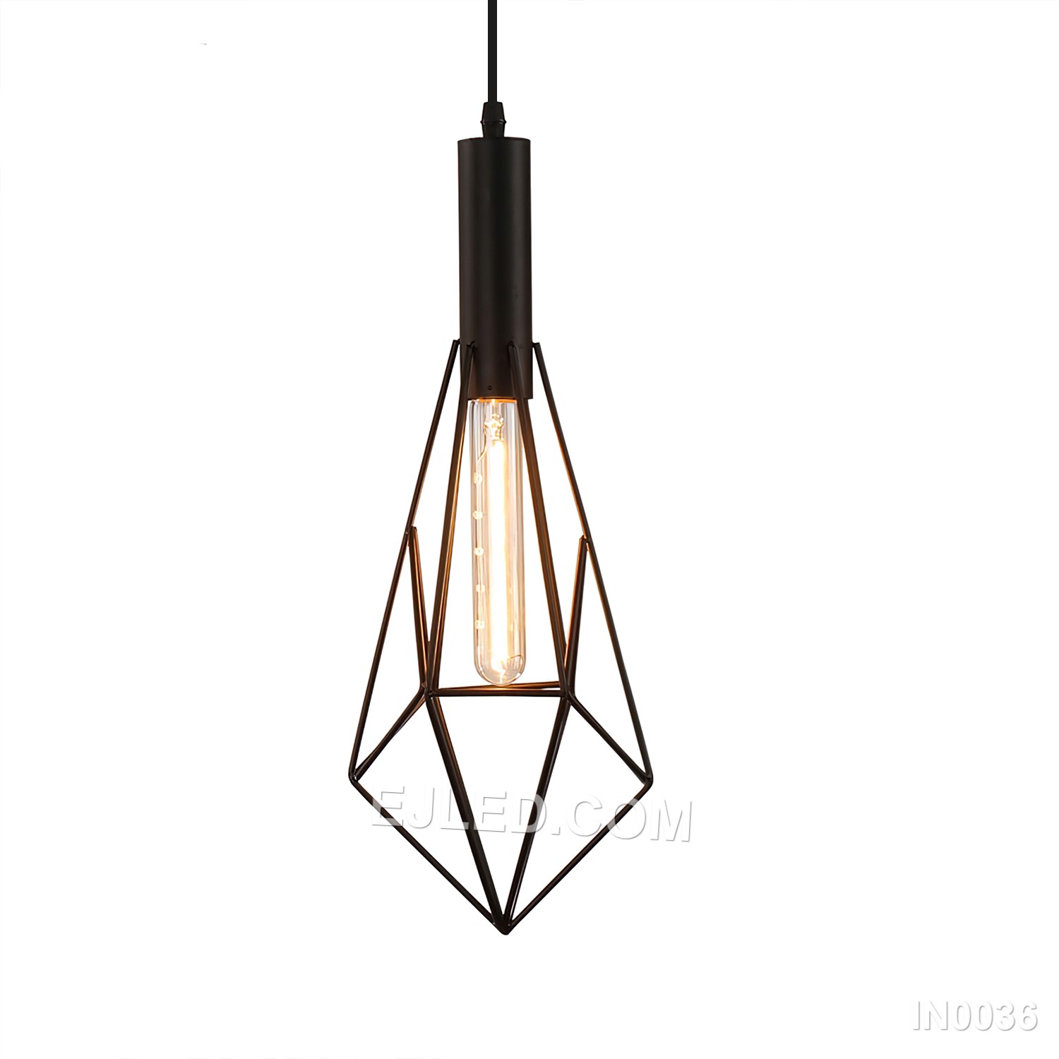 Three diamond-shaped cages, each constructed from black-finished iron rods, form the striking IN0036 pendant light. Suspended at varied heights from a single canopy, these open fixtures provide focused illumination and a strong visual statement.
