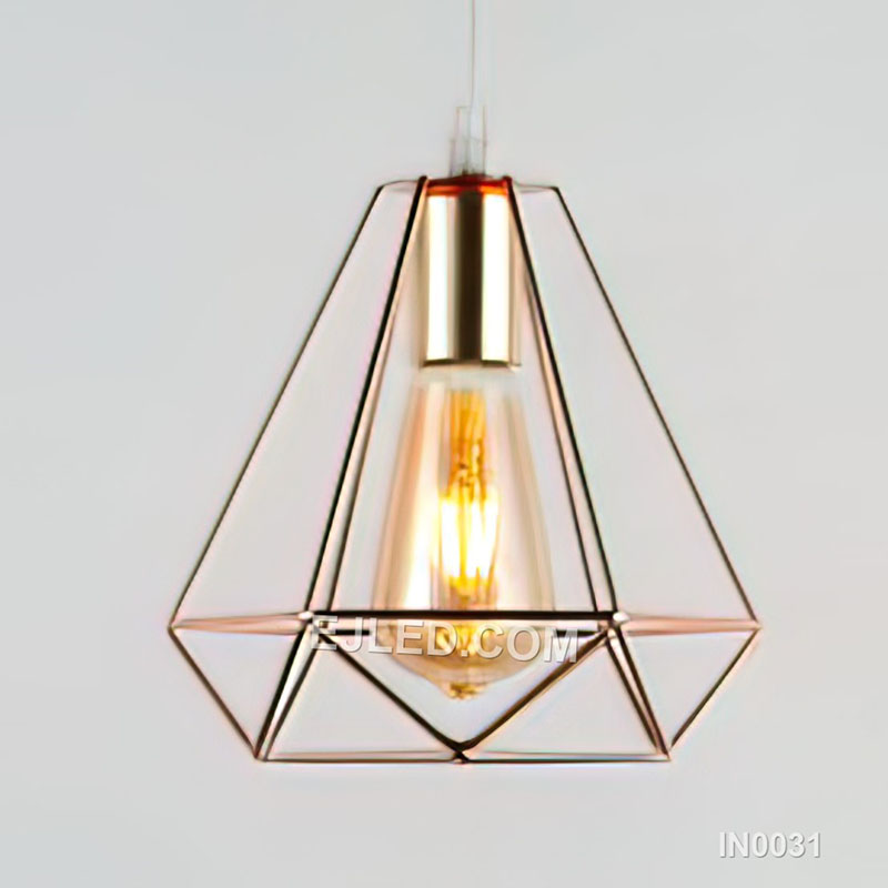 Over kitchen islands or in boutique hotel lobbies, Model IN0031 presents an open diamond-shaped cage pendant light with a copper electroplated finish. Its geometric silhouette and exposed lamp holder are suitable for accent lighting.