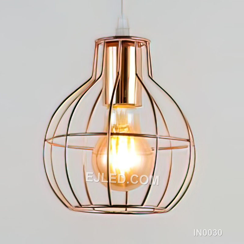 An electroplated copper finish distinguishes this IN0030 round pendant light, featuring an open spherical cage of thin metal rods. It casts an ambient glow from a single lamp holder, suitable for various decorative lighting applications.