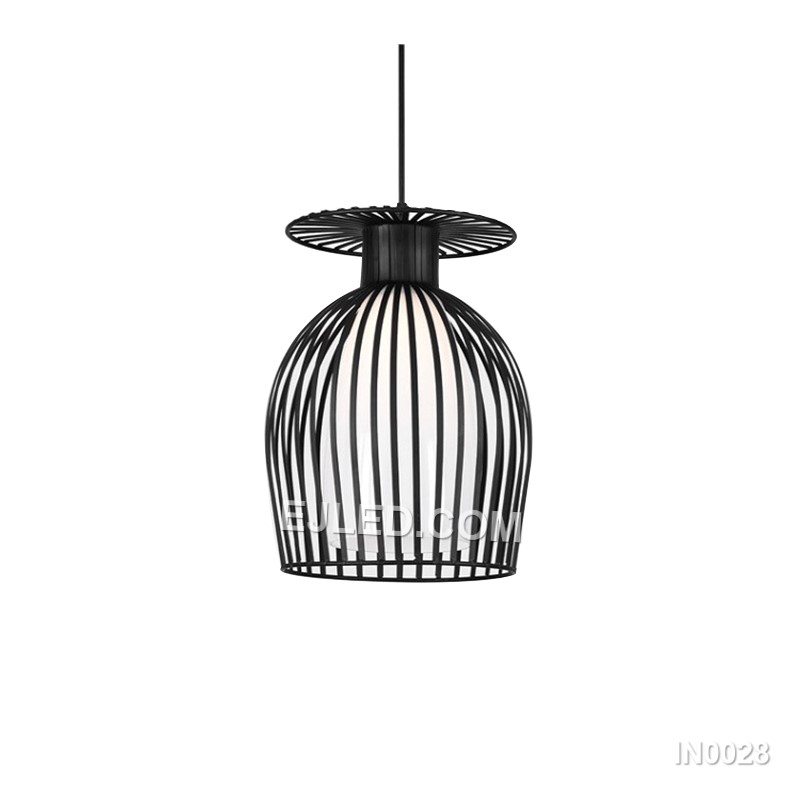 Model IN0028 is a black iron bell-shaped pendant light, notable for its wide, open cage design. The expansive form, crafted from thin iron bars, allows significant light output from a single lamp, suitable for areas needing broad illumination.