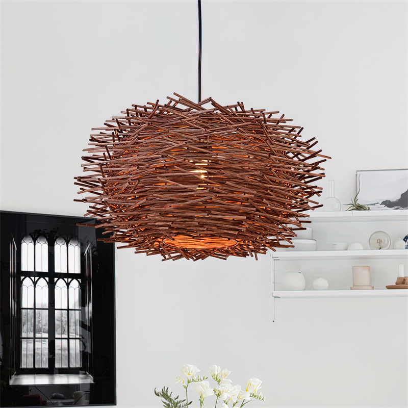The RT0030 pendant light offers a distinctive globe-like silhouette, crafted from tightly woven wooden strips. Its enclosed design provides soft, diffused illumination suitable for creating an ambient glow in various settings. - view 5
