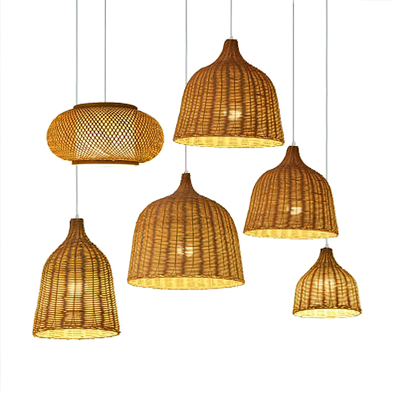 A single lamp bell-shaped pendant, hand-woven from natural rattan, creates a warm, diffused light. Its open weave and earthy texture make it suitable for intimate dining areas, hotel lobbies, or relaxed retail environments seeking a natural aesthetic. - view 6